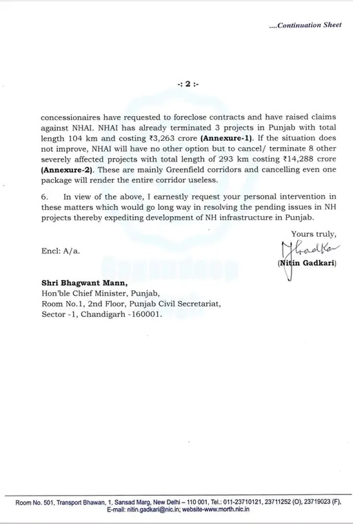 Letter sent by Union Minister Nitin Gadkari to Chief Minister Bhagwant Mann.