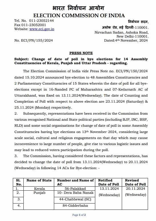 Assembly By Polls Date Changed