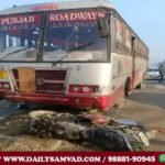 The bus and the bike remained lying at the spot after the incident.