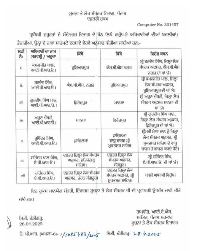 Punjab government transferred 7 officers in the Public Relations Department