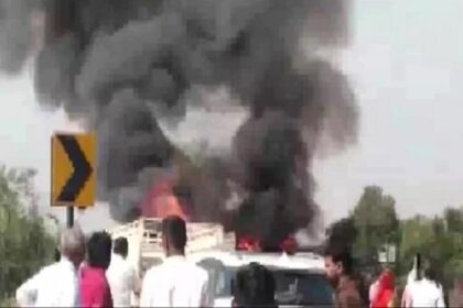 नैशनल हाईवे पर बड़ा हादसा, बस और टैंकर में जबरदस्त टक्कर, बस में लगी भयंकर आग, 8 लोग जिंदा जले