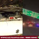 L- A tree got uprooted and fell on a car on Teen Murti Marg in Delhi. The car got damaged due to this. R- Due to storm and rain, trees and signboards fell in Noida-Greater Noida