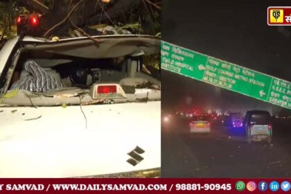 L- A tree got uprooted and fell on a car on Teen Murti Marg in Delhi. The car got damaged due to this. R- Due to storm and rain, trees and signboards fell in Noida-Greater Noida