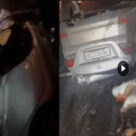The overturned car during the accident and people present at the spot.