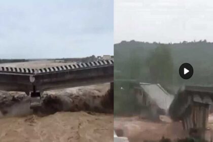 R- The bridge on Sahar Khad of Pathankot-Jammu also broke. L- The old Chakki Bridge of Pathankot connecting to Himachal was washed away.