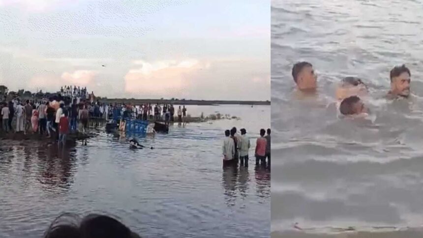 The tractor-trolley was pulled out of the pond using a JCB