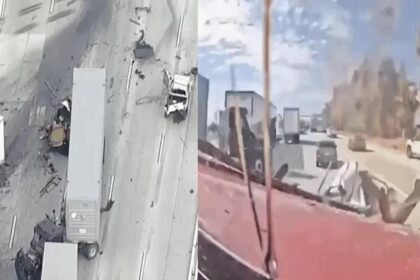 Truck hits cars on the I-10 freeway in California