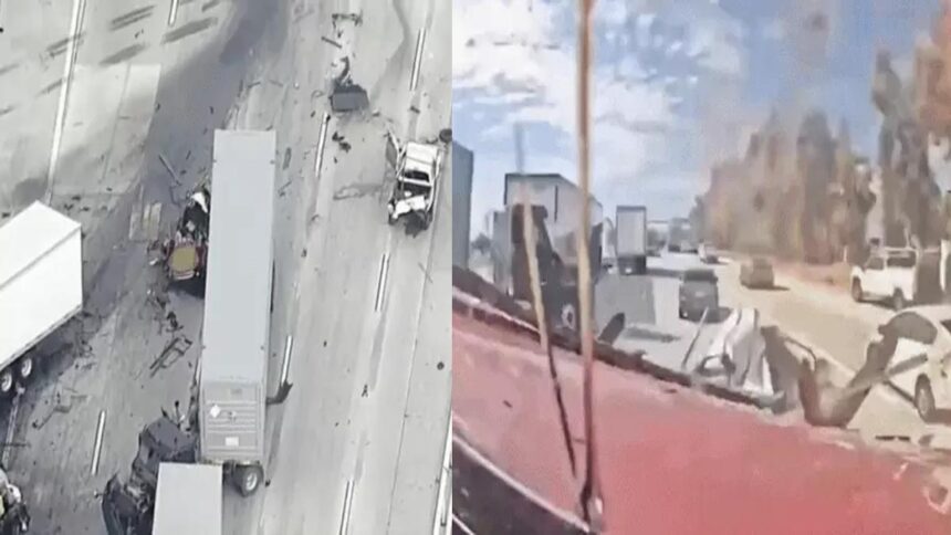 Truck hits cars on the I-10 freeway in California