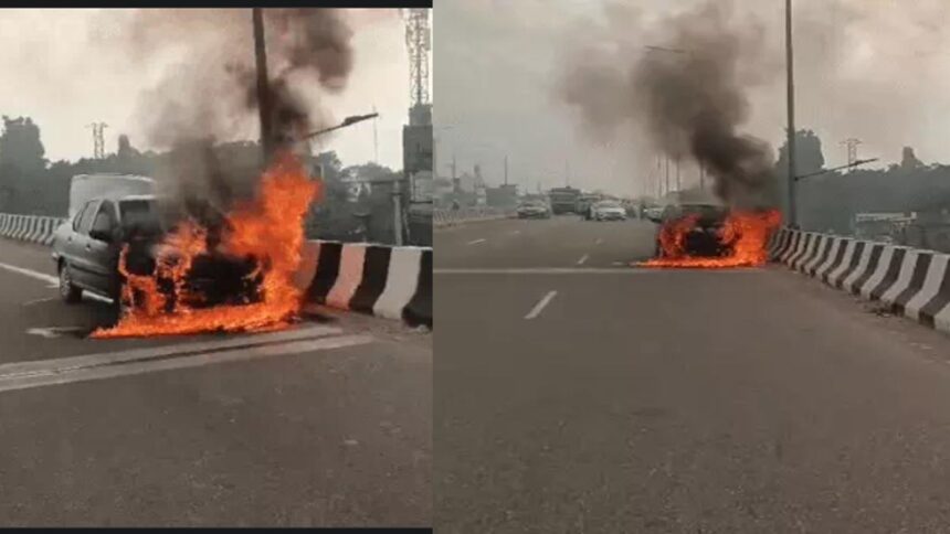 Car caught fire on the flyover at Phagwara on the Jalandhar-Delhi National Highway
