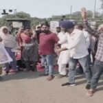 Villagers block a road in Samrala, demanding justice for Kabaddi player Gurvinder