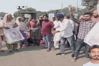 Villagers block a road in Samrala, demanding justice for Kabaddi player Gurvinder