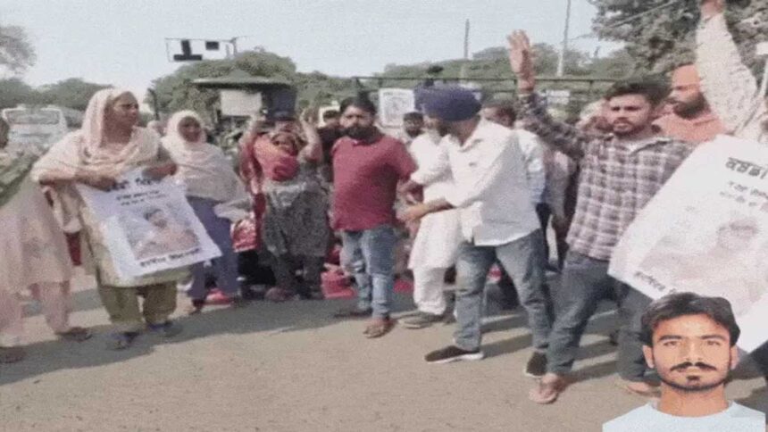 Villagers block a road in Samrala, demanding justice for Kabaddi player Gurvinder