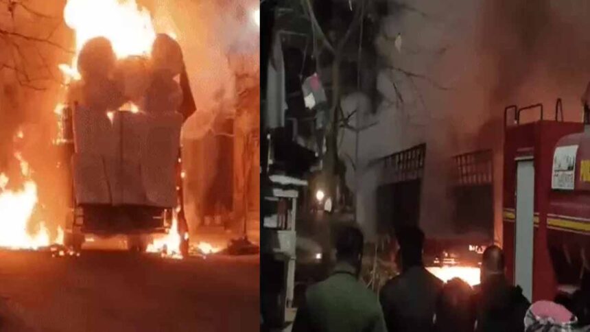A truck loaded with foam caught fire in Ludhiana