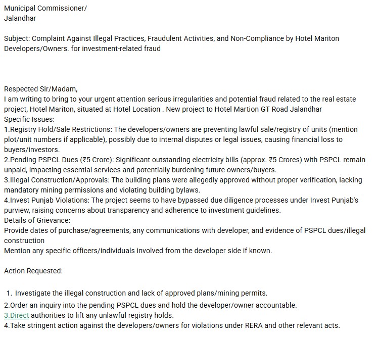 Mariton Hotel Jalandhar Complaint