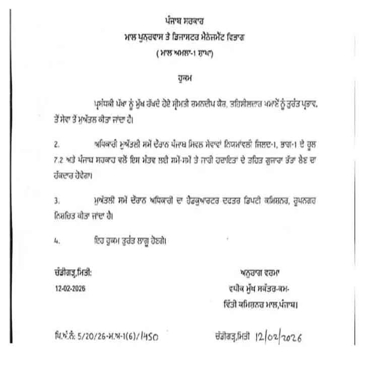 Tehsildar Suspended Fatehgarh Sahib News