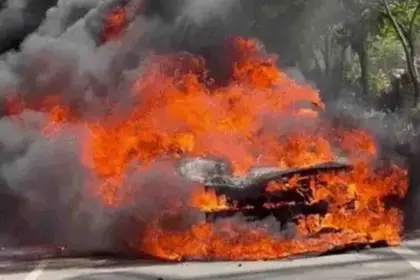 Moving BMW Car Catches Fire on Chandigarh Airport Road
