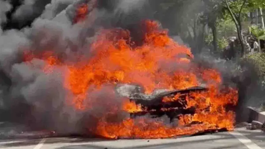 Moving BMW Car Catches Fire on Chandigarh Airport Road